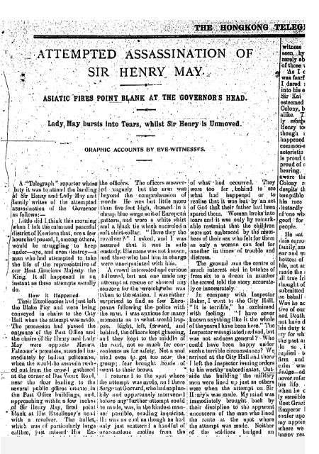 The Hongkong Telegraph July 1912 -  assassinate attempt on Henry May