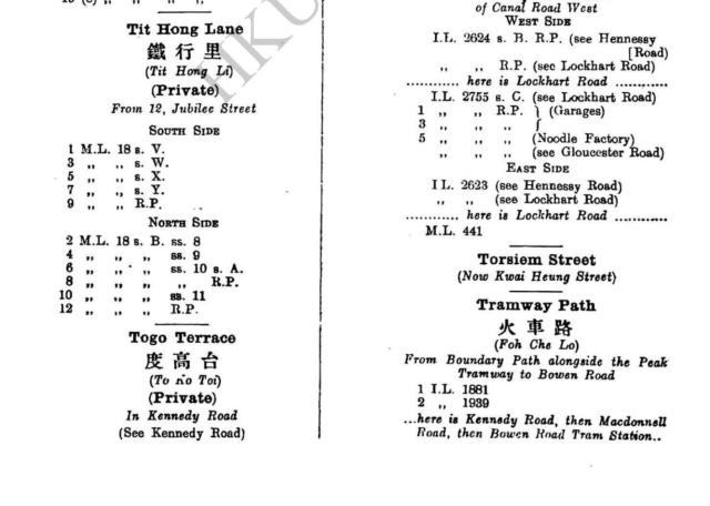 Togo Terrace, Street Index 1938