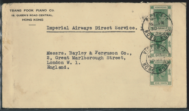 1939 (30 MR) Tsang Fook Piano Co. Imperial Airways Direct Service Air Mail Cover - addressed to Messrs. Bayley & Ferguson Co., 2, Great Marlborough Street, London W. 1. England