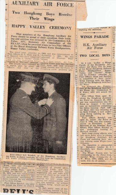 G C Randall receives wings (newspaper clippings)