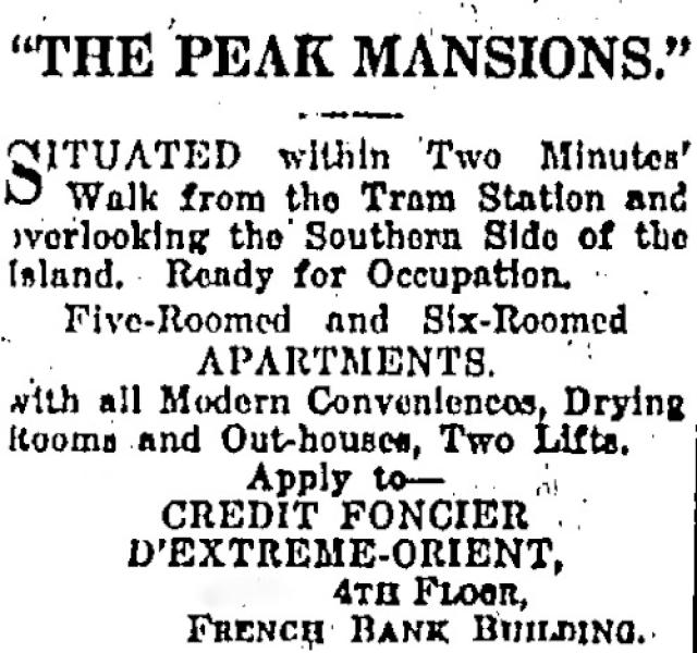 Peak Mansions advertisment 1928