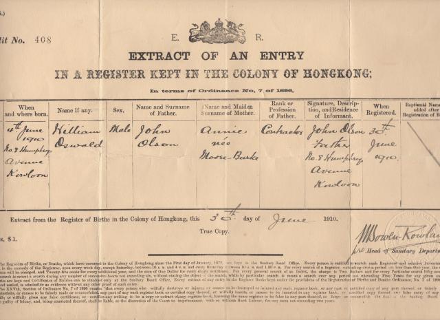 Birth certificate: William Oswald Olson