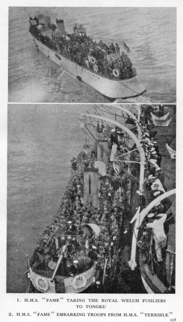 HMS FAME embarking troops from HMS TERRIBLE