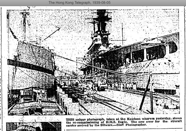 Kowloon Wharves-HMS EAGLE aircraft carrier berthed-HK Telegraph-05-08-1939