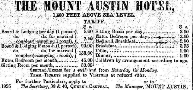 1892 Mount Austin Hotel - Rates for Board & Lodging