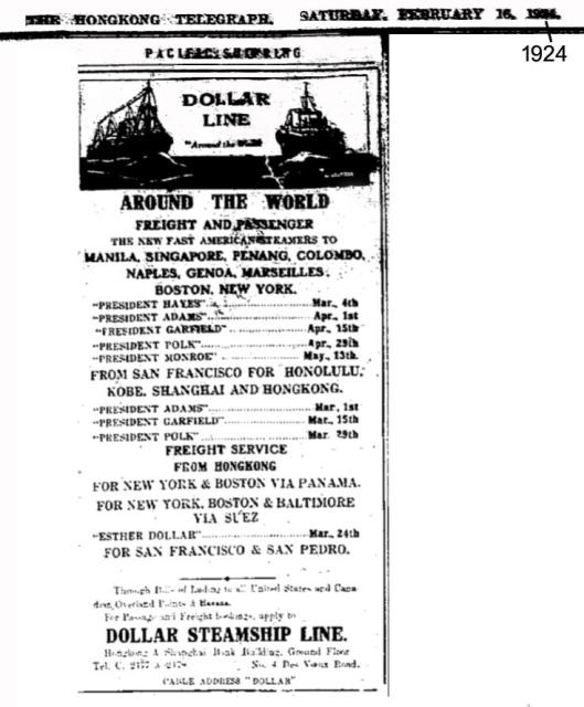 Hongkong Telegraph Newspaper- Shipping - Dollar Line -Feb.1924