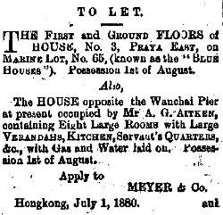 1880 To Let Advertisement - Blue Buildings & House Opposite Wanchai Pier