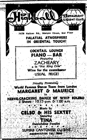 Highball Restaurant and Nightclub Zacheary Margaret Maurice Whip Bolero Celso His Sextet Vocalist Tina China Mail page 3 1st June 1959