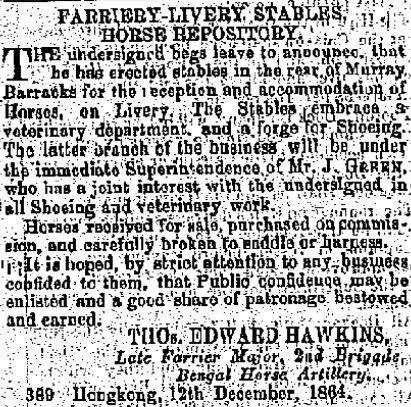 1864 Advertisement - Farriery-Livery Stables, Horse Repository