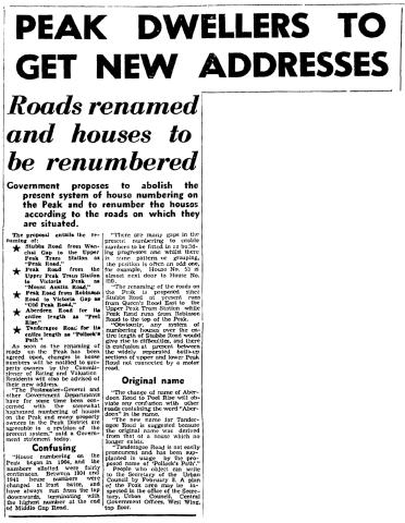 Peak dwellers get new addresses-1960