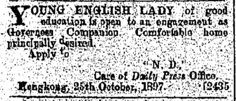 Young English Lady Governess Hong Kong Daily Press page 1 25th October 1897
