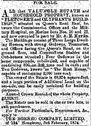 1874 For Sale - Fletcher's & Olyphant's Buildings, Queen's Road East