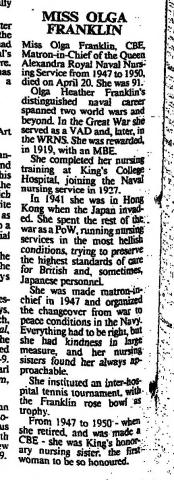Miss Olga Franklin, the first woman to be honoured as King's Honorary Nursing Sister. (23-04-1987, The Times)