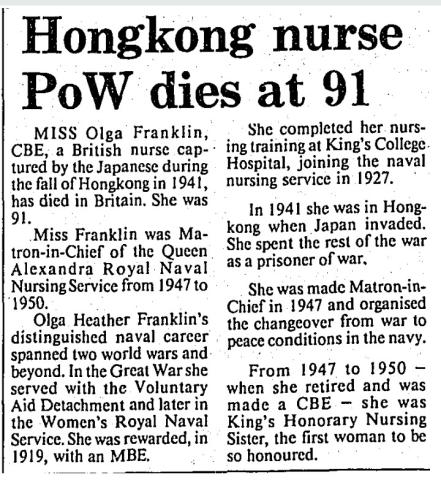 Miss Olga Franklin, the first woman to be honoured as King's Honorary Nursing Sister. (08-05-1987, South China Morning Post)