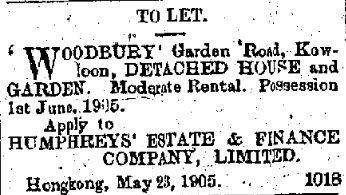 1905 "To Let" - Woodbury, Hankow (Garden) Road)