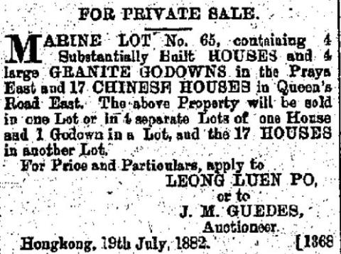 1882 "For Sale" - Blue Buildings & Godowns & 17 Chinese Houses on QRE