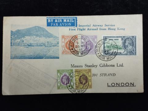 The Imperial Airway Service First Flight Airmail from Hong Kong cover sent by Graca & Co. in March 1936 (Front)
