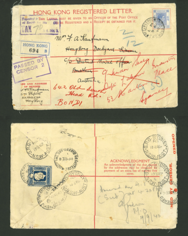 A letter cover from Mr. F.A. Kaufmann to Mrs. C.E. Kaufmann during WWII (09-08-1940)