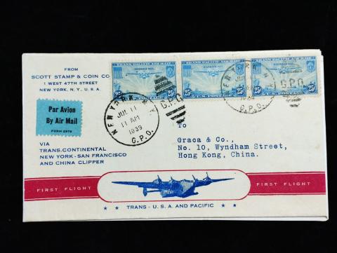 First flight cover sent from Scott Stamp & Coin Co. New York to Graca & Co. on 11 July 1939
