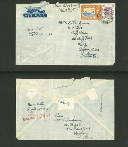 A letter from Mr. F.A. Kaufmann to Mrs. C.E. Kaufmann during WWII (15-09-1941)