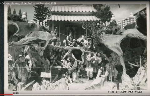 haw par villa exhibit showing the burning of the red lotus temple