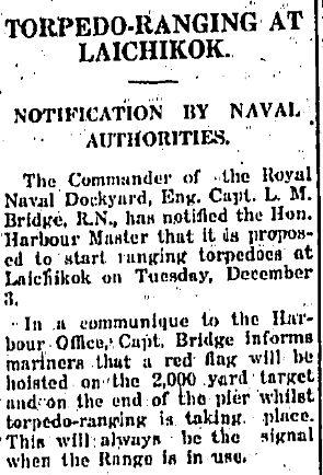 1929 Notification of Torpedo Ranging at Lai Chi Kok