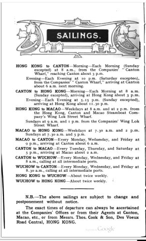 1910 time schedule of wharfs in Hong Kong