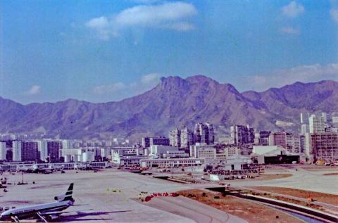 Kai Tak airport parking apron with noxious open top nullah on right