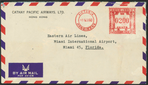 HK$2.0 "18 VII 60 Victoria Hong-Kong" meter stamped cover of Cathay Pacific Airways Limited