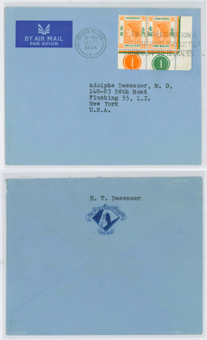 An Air Mail envelope of the Gloucester Hotel Hong Kong sent by H.T. Dessauer to Adolphe Dessauer M.D. dated 24 Oct 1954