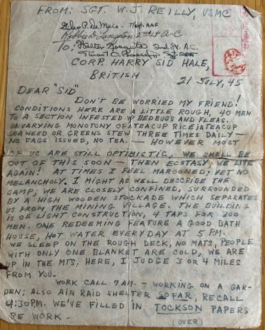 Letter to Harry ' Sid' Hale from Sgt. Walter.J.Reilly in Kiangwan POW Camp.Page 1
