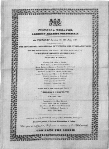 A play bill printed on silk by Delfino Noronha in 1849.