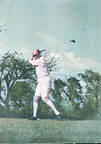 Colorized photo of Dr E W Kirk Tee-off at Fanling