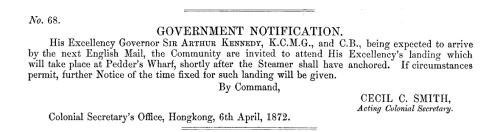 Arrival of Governor Kennedy at Pedder's Wharf April 1872