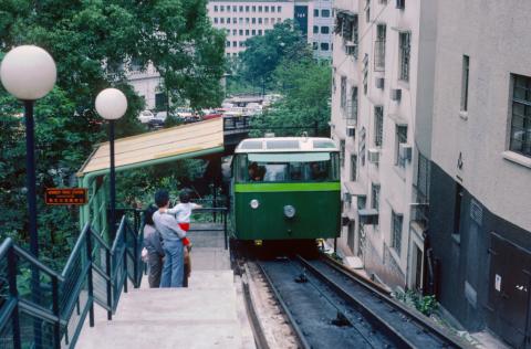 Peak Tramway, tram at Kennedy Road Station, Hong Kong. Sunday 22 April 1984
