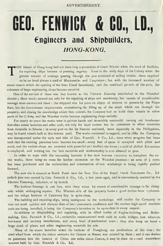GEO. FENWICK & CO., LD., Engineers and Shipbuilders, HONG-KONG. 1905