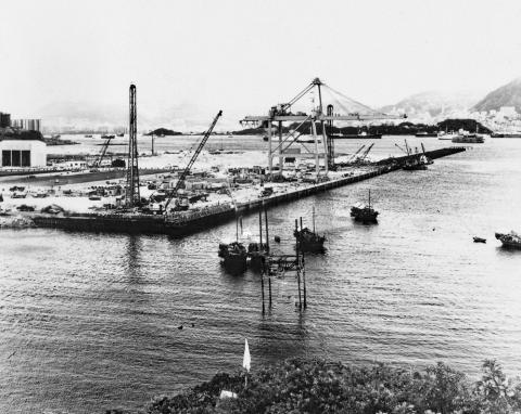 Kwai Chung container terminal site formation first jetty and solitary handling crane 1972