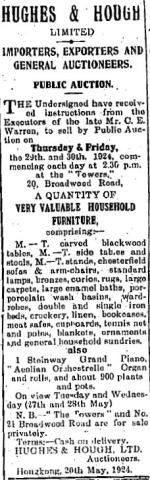 1924 Advertisement - Sale of Valuable Household Furniture at "The Towers"