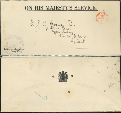 1932 (16 NO) ON HIS MAJESTY’S SERVICE. Printed Envelope – sent from Police Headquarters Hong Kong. to E.J.C. Moorse Esq., 9 Nevis Road, Upper Tooting, London, S.W. 17., England