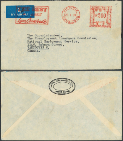 1960 (20 JA) Lane, Crawford’s Metered Air Mail Cover – sent to The Unemployment Insurance Commission, Vancouver 5, Canada