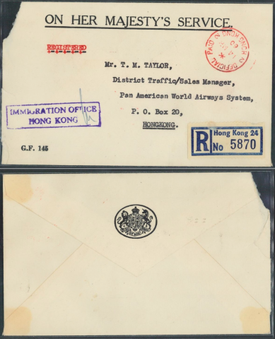 1960 (14 MR) ON HER MAJESTY’S SERVICE. Printed Envelope (G.F. 145) – sent from IMMIGRATION OFFICE HONG KONG. to Mr. T.M. TAYLOR, District Traffic.Sales Manager, Pan American World Airways System, P.O. Box. Box 20, HONGKONG.