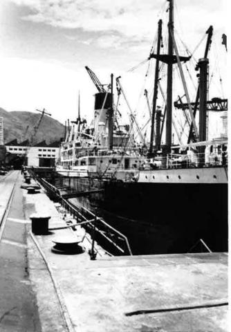 Blue Funnel's m.v. Laomedon in drydock at Taikoo shipyard