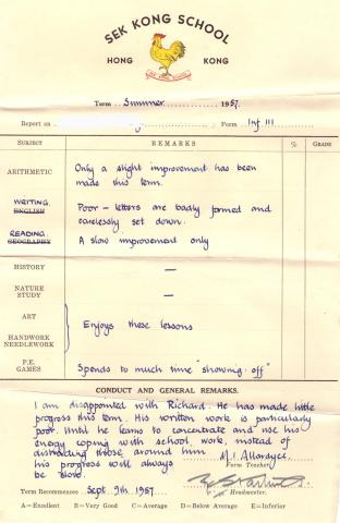 Father's school report from Sek Kong School, 1957