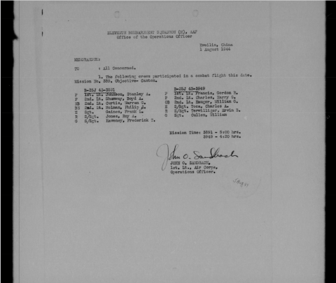 11BS Mission 389, Crew Participation Memorandum