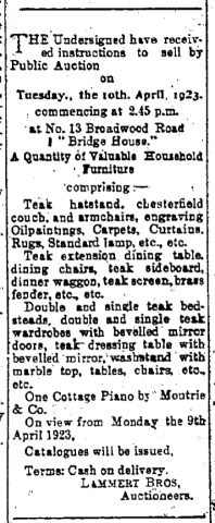 public auction of valuable household furniture at 13 broadwood road bridge house on 10th april 1923 the hong kong telegraph page 4 9th april 1923 