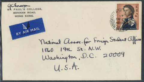 1967 (23 AU) A ST. PAUL’S COLLEGE’s air mail cover – sent to National Association for Foreign Student Affairs, 1860 19th St. N.W. Washington, D.C. 20009, U.S.A.