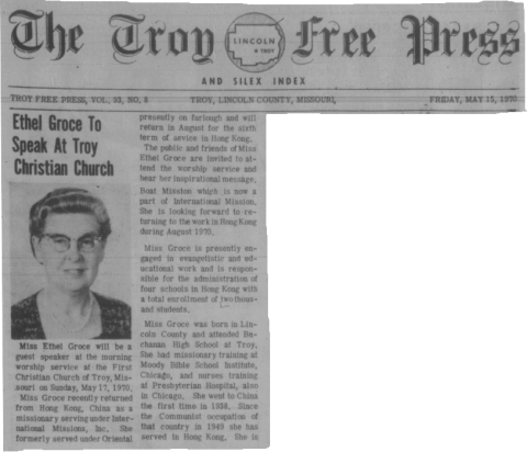 Ethel Groce, article in Troy Free Press And Silex Index, 1970