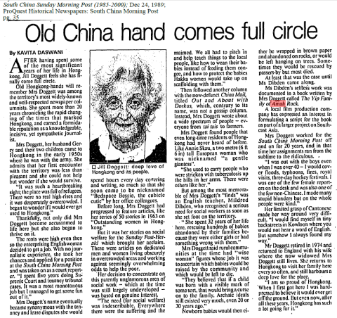 Jill Doggett, article in South China Sunday Morning Post, 1989