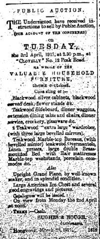 Public Auction Valuable Household Furniture at Clovelly 3rd April 1917 The China Mail page 3 30th March 1917