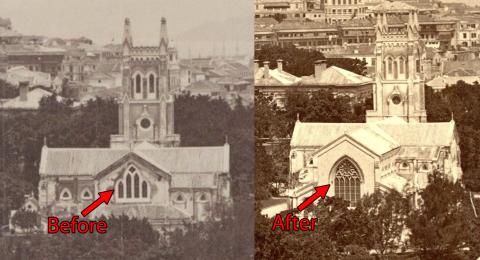 St John's Cathedral eastern window, before & after the 1869-72 extension